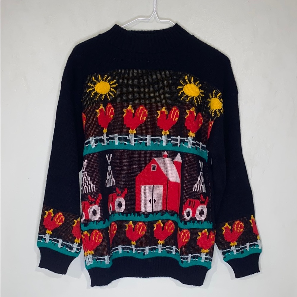 Vintage Teasers Adorable Happy Farm Scene Knit Sweater Made in USA Women Size M